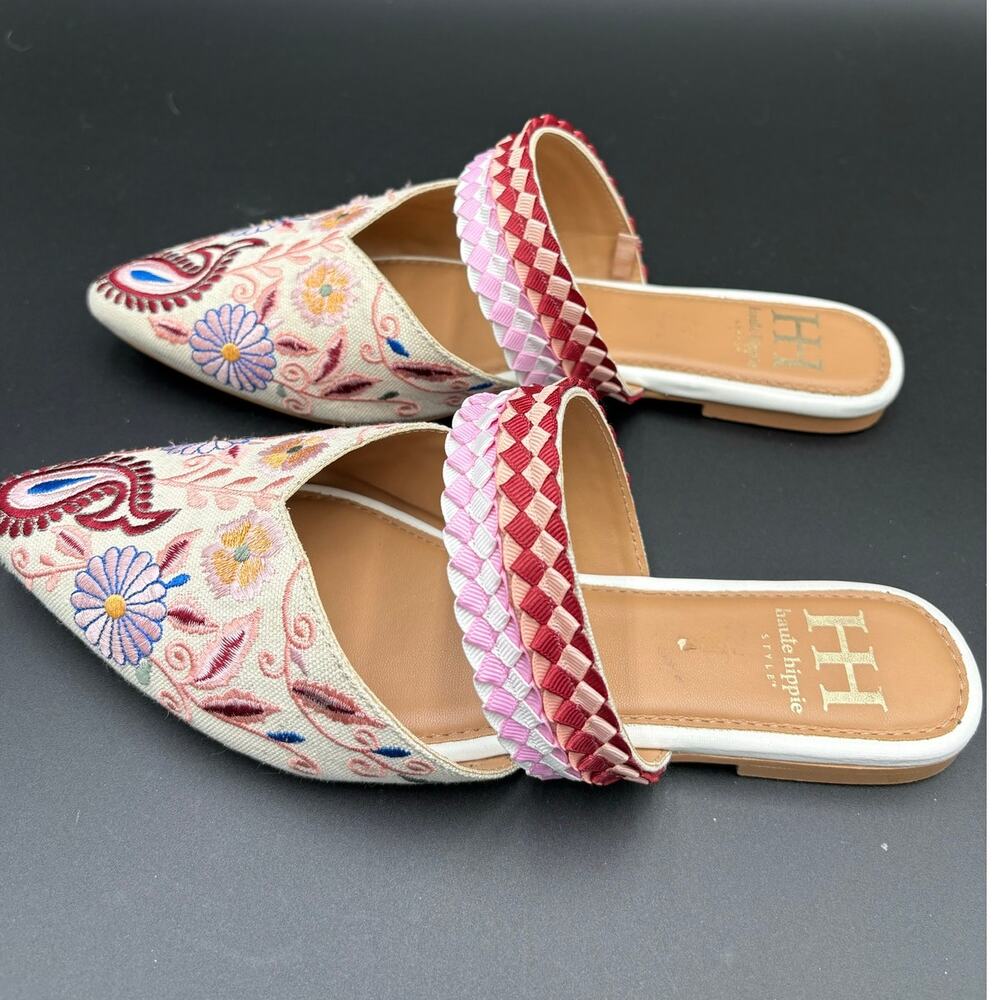 Haute Hippie Embroidered Floral & Paisley Mule Slides Woven Strap Size 8.5 Boho - Picture 3 of 11